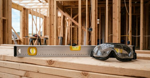 Spirit level and safety goggles at a construction site.