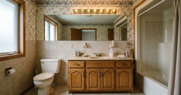Clean but outdated suburban bathroom featuring an oak vanity, brass fixtures, cultured marble countertop, beige tile, large wall mirror, and older design elements that make the space feel dated compared to modern bathroom styles.