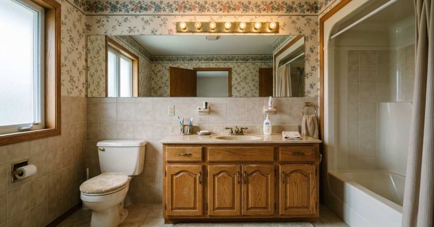 Clean but outdated suburban bathroom featuring an oak vanity, brass fixtures, cultured marble countertop, beige tile, large wall mirror, and older design elements that make the space feel dated compared to modern bathroom styles.