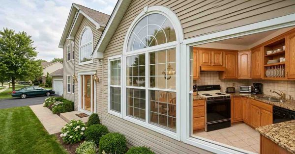 Well-maintained suburban home featuring oak cabinets, beige tile, brass fixtures, dated color schemes, older architectural details, and builder-grade finishes that make the property feel outdated compared to modern homes.