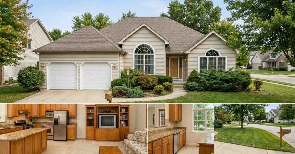 Well-maintained suburban home featuring oak cabinets, beige tile, brass fixtures, dated color schemes, older architectural details, and builder-grade finishes that make the property feel outdated compared to modern homes.