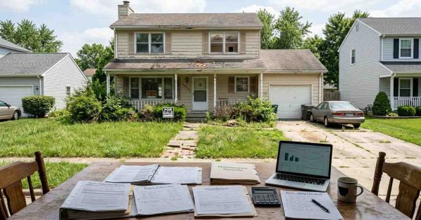 Suburban home with poor curb appeal, cluttered interiors, maintenance issues, aging exterior features, and property documents, illustrating common red flags that can discourage buyers and make a house harder to sell.