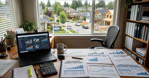 Suburban neighborhood with housing market reports, mortgage rate data, property valuation documents, and home affordability materials, illustrating uncertainty about future home price trends and real estate market conditions in 2026.
