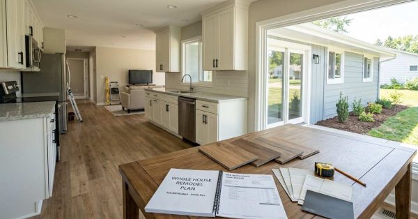 Updated suburban home featuring a remodeled kitchen, refreshed bathroom, new flooring, fresh paint, improved landscaping, and renovation planning materials, illustrating the realistic improvements possible with a $50,000 home remodeling budget.
