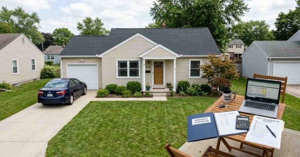 Affordable suburban starter home with mortgage planning documents, budgeting tools, and realistic middle-class neighborhood surroundings, representing the challenge of buying a $200,000 house on a $50,000 salary.