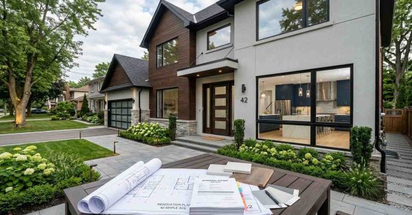 Extensively upgraded suburban home featuring a luxury kitchen remodel, home addition, renovated bathrooms, new roof, professional landscaping, and architectural plans, illustrating the types of improvements that can add $100,000 or more in property value.