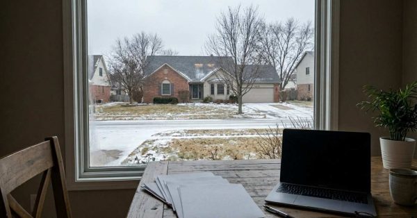 Suburban home listed for sale during winter with bare trees, dormant landscaping, seasonal curb appeal challenges, and real estate planning documents, illustrating the slowest period of the year for home sales.