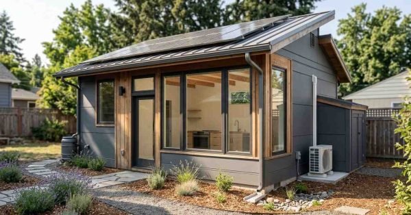 Sustainable detached ADU with rooftop solar, energy-efficient windows, heat pump systems, water-saving landscaping, permeable paving, and eco-friendly building features.