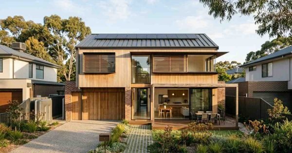 Custom sustainable home featuring solar panels, high-performance glazing, passive shading, insulation, rainwater harvesting, native landscaping, and energy-efficient design.