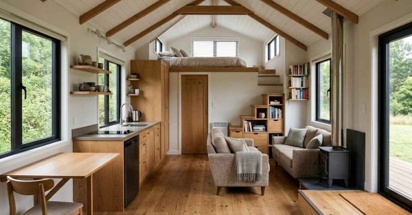Compact tiny house on wheels interior with an open living area, efficient kitchen, adjacent bathroom, loft sleeping area, built-in storage, and space-saving floor plan.