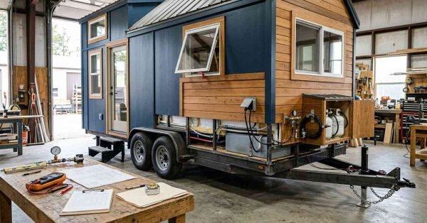 Tiny house on wheels undergoing professional certification inspection, showing its trailer chassis, road-going components, residential systems, construction details, and compliance documentation.