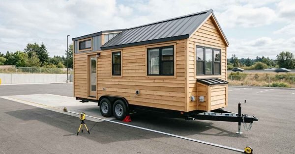 Tiny house on wheels mounted on a road-legal trailer with visible wheels, axles, frame, measuring equipment, and vehicle-scale setup illustrating THOW dimensions and weight capacity.