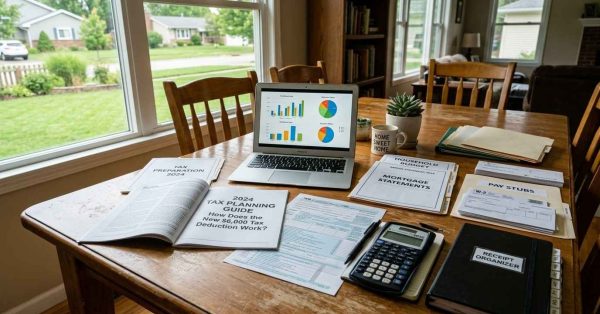 Home office with tax documents, budgeting materials, calculator, laptop, and household financial records, illustrating personal tax planning and understanding a new tax deduction.