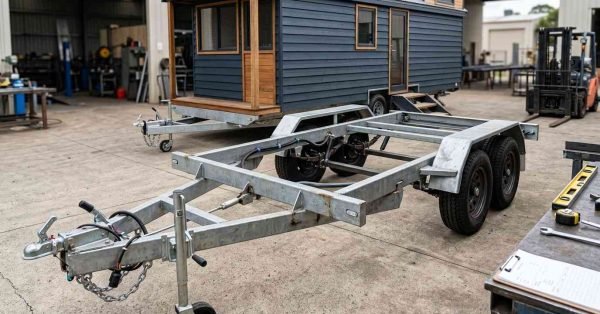 Tiny house on a purpose-built trailer showing engineered steel frame rails, crossmembers, axles, suspension, wheels, coupler, and structural attachment points.