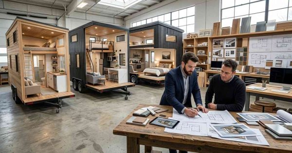 Male homeowner and male tiny house architect reviewing modern Tiny House on Wheels floor plans ranging from 200 to 400 square feet in a professional design studio.