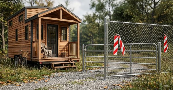 Tiny house on wheels beside a fenced gate in a rural setting.
