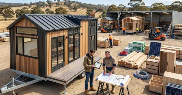 Male THOW owner and male builder reviewing construction budgets and building plans beside a modern Tiny House on Wheels under construction in a professional building yard.