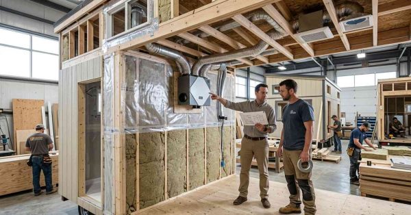 Male building scientist and male THOW builder reviewing ventilation and moisture control systems inside a Tiny House on Wheels with insulation, vapor barriers, and air circulation equipment.