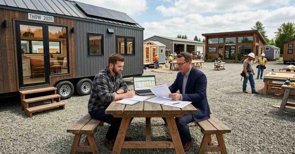 Male THOW buyer and male finance consultant reviewing financing options, loan documents, and construction budgets beside a modern Tiny House on Wheels in a professional consultation setting.