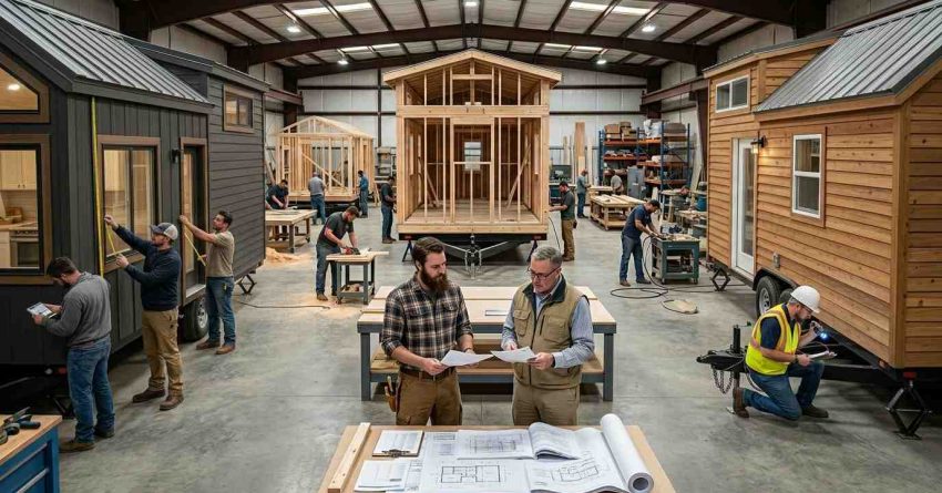Male homeowner and certification consultant reviewing RVIA, ANSI, and NOAH compliance inspections for modern Tiny Houses on Wheels in a professional manufacturing facility.