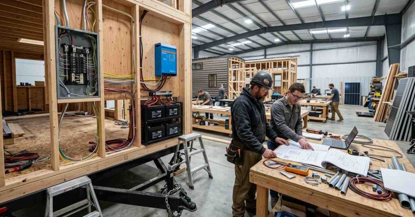 Male electrical engineer and male tiny house builder reviewing a Tiny House on Wheels electrical system with solar equipment, battery storage, wiring, and breaker panel installation.