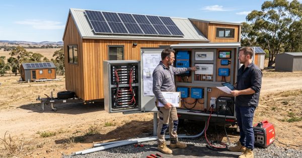 Male solar installer and male THOW owner reviewing a complete Tiny House on Wheels solar power system with rooftop solar panels, lithium batteries, inverter, and off-grid energy equipment.