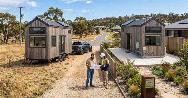Side-by-side comparison of a Tiny House on Wheels and a tiny house on a permanent foundation in Australia with a male homeowner and male builder reviewing housing plans.