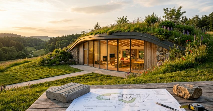 Earth-sheltered hillside home with a green roof and site plans in the foreground.