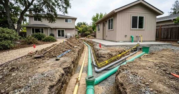 Detached ADU with an open utility trench showing water, sewer or septic, and electrical connections running between the dwelling and existing property infrastructure.
