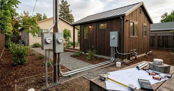 Detached ADU with dedicated electrical and utility connections, separate meter enclosure, service conduit, water and sewer infrastructure, and a primary home in the background.