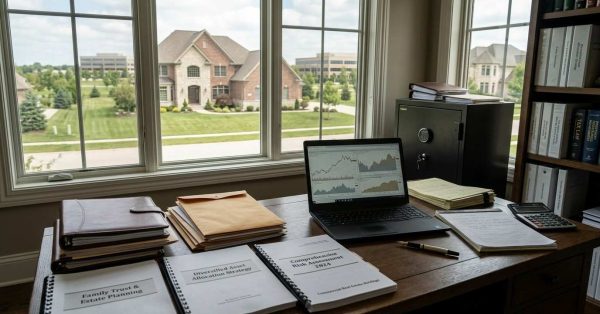 Luxury home office with investment reports, estate planning documents, real estate records, and wealth preservation materials, representing concerns about protecting assets, financial security, and long-term legacy.