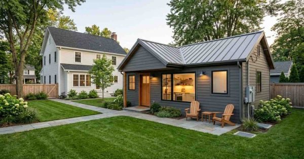 Detached accessory dwelling unit in a residential backyard with its own entrance, patio, and utilities beside the main house.