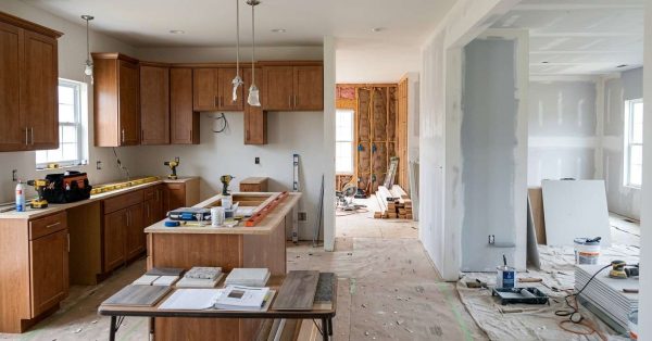 Suburban home undergoing renovation with rooms in different stages including demolition, electrical and plumbing work, drywall installation, painting, flooring, cabinetry, and final finishes, illustrating the proper order of a whole-house remodel.