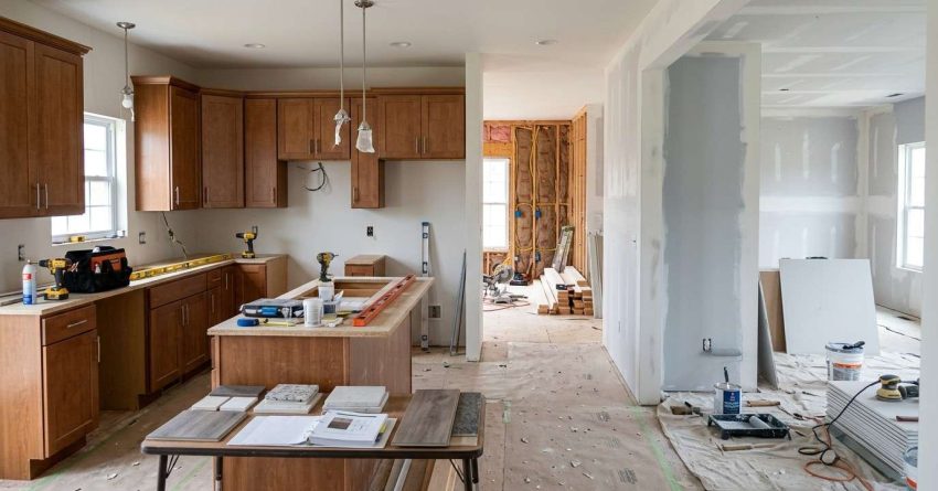 Suburban home undergoing renovation with rooms in different stages including demolition, electrical and plumbing work, drywall installation, painting, flooring, cabinetry, and final finishes, illustrating the proper order of a whole-house remodel.