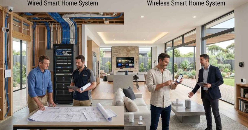 Side-by-side comparison of wired and wireless smart home systems with male homeowners and smart home specialists reviewing automation technology in a modern luxury residence.
