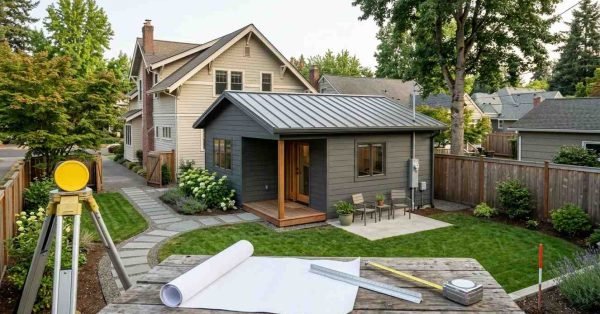 Detached ADU positioned within realistic side and rear setbacks beside a primary home, with survey equipment and planned access illustrating zoning and setback requirements.