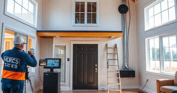 Newly constructed energy-efficient home undergoing HERS testing with blower door equipment, HVAC diagnostics, attic insulation inspection, sealed ductwork, efficient windows, and building-performance verification systems visible throughout the property.