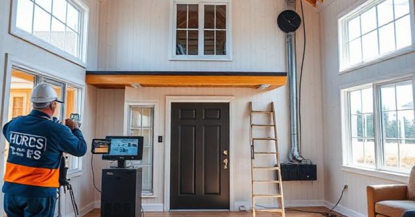 Newly constructed energy-efficient home undergoing HERS testing with blower door equipment, HVAC diagnostics, attic insulation inspection, sealed ductwork, efficient windows, and building-performance verification systems visible throughout the property.