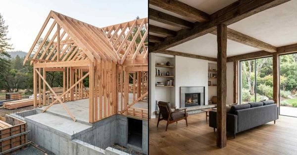 Split-screen comparison showing a wood-framed house under construction on the left and a completed living room with exposed wood ceiling beams and fireplace on the right