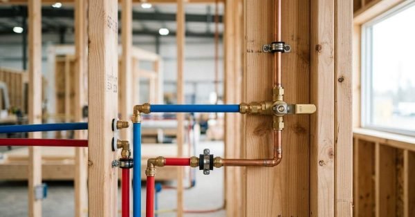 Rough-in plumbing installation showing blue and red PEX water lines connected via brass fittings to rigid copper pipes within an open timber wall frame