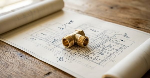 Solid brass threaded tee pipe fitting resting on an unrolled plumbing schematic blueprint with valve symbols on a rustic wooden table