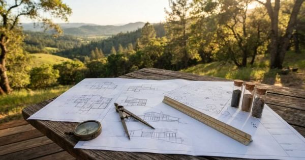 Architectural blueprints spread on an outdoor wooden table with a brass compass, drafting compass, scale ruler, and glass soil sample vials overlooking a mountain valley