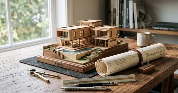 Detailed wooden scale model of a modern multi-level house with a swimming pool, rolled blueprints, drafting compass, scale ruler, and pencils on a wooden desk near a window
