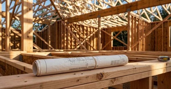 Rolled architectural blueprints labeled "OAKWOOD RESIDENCE - FRAMING PLAN" resting on a wooden stud wall during house framing construction