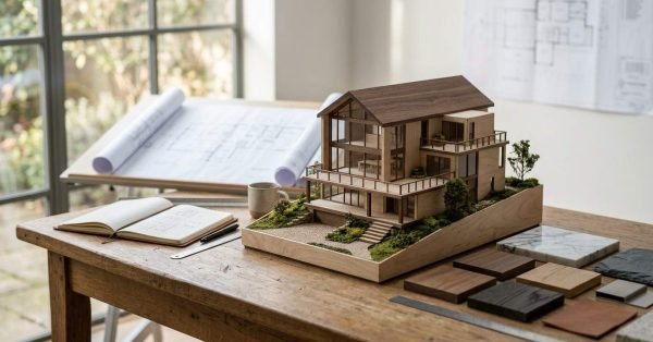 Detailed wooden architectural scale model of a modern multi-story home resting on a desk with blueprints, a sketchbook, and material samples