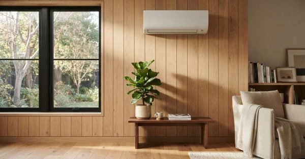 A sleek white wall-mounted ductless mini-split heat pump air conditioner installed on a light vertical wood-paneled wall above a low wooden bench with a potted plant