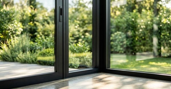 Sunlight streaming through floor-to-ceiling black aluminum glass doors onto polished concrete interior floors