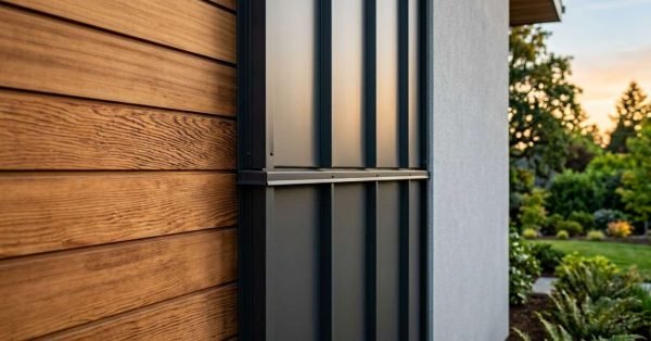 Close-up of a modern home exterior facade combining horizontal natural wood siding, dark matte standing seam metal panels with flashing, and smooth grey stucco