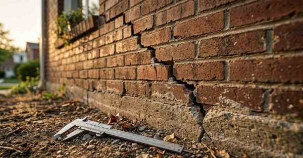 A stainless steel vernier caliper resting on dry soil next to a severe stairstep foundation crack splitting the red exterior brick wall and concrete base of a house