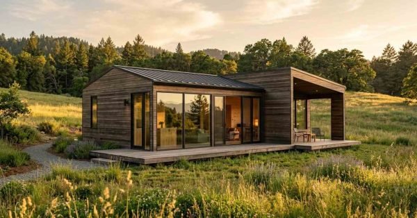 Exterior view of a modern minimalist prefab home with horizontal dark wood siding, floor-to-ceiling glass sliding doors, and a covered porch in a grassy meadow at sunset